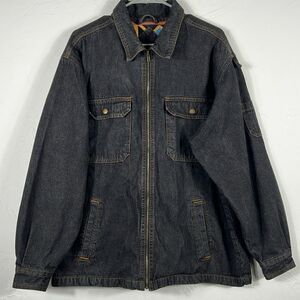 🔥 VINTAGE Duke Haband Aztec Flannel Lined Full Zip Black Denim Jacket Mens Larg